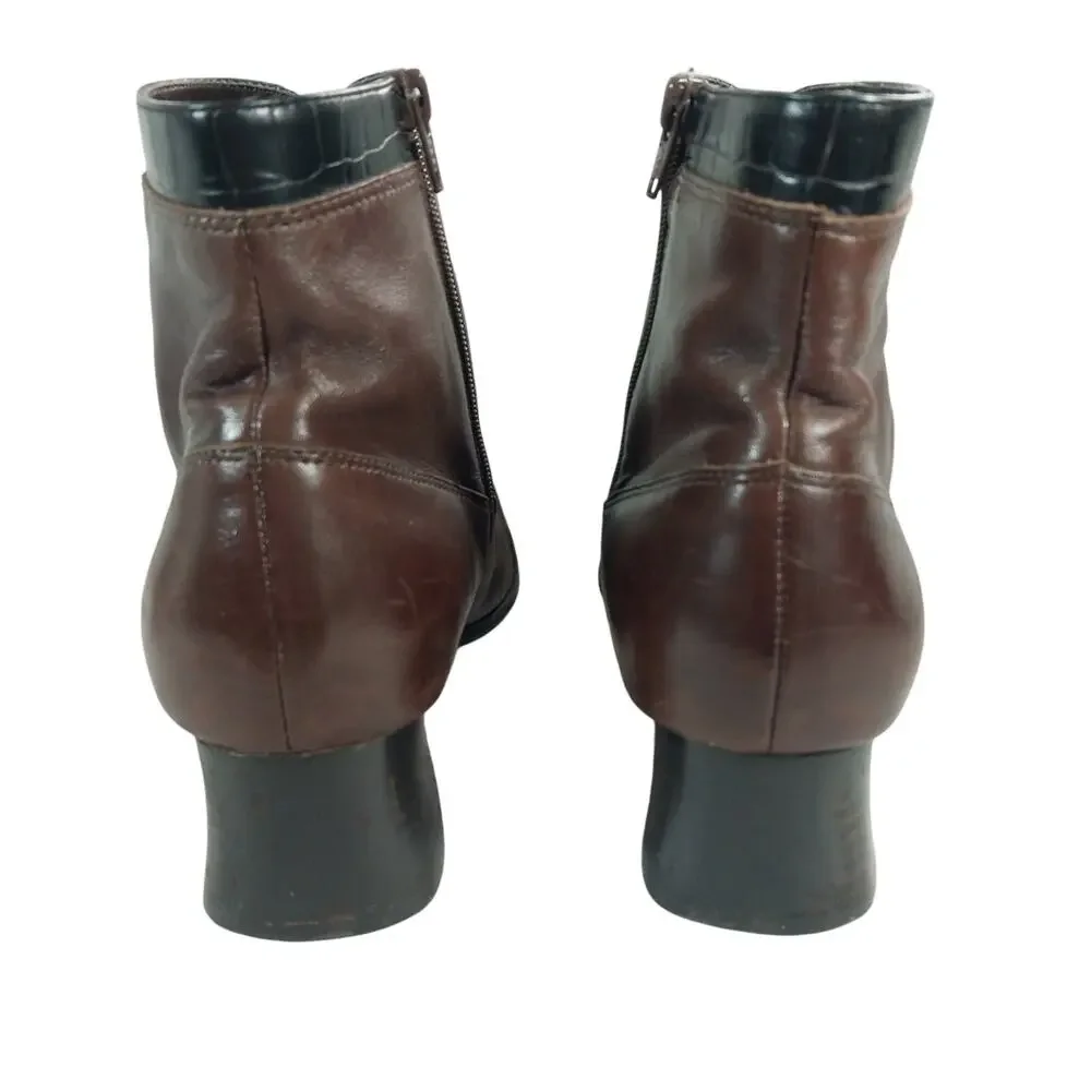 LONDON FOG! ESPRESSO BROWN GENUINE LEATHER, BLACK CROCO TRIM ANKLE BOOTS! 8.5W
